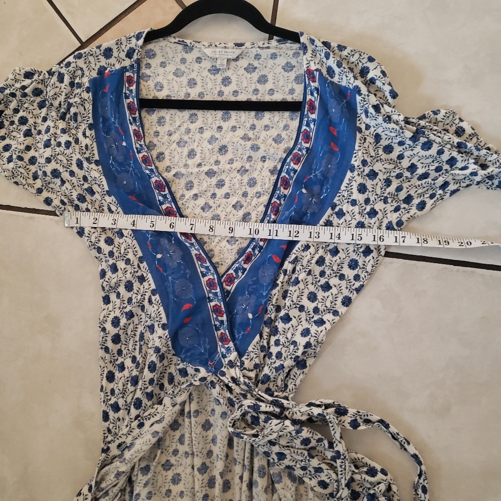 Lucky Brand Border Print Blue White and Red Midi Wrap Dress Small - Picture 9 of 9